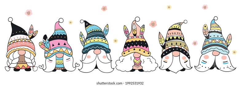 Draw vector illustration character design tribal gnome Doodle cartoon style