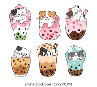 Draw vector illustration character design collection cat in bubble tea Doodle cartoon style
