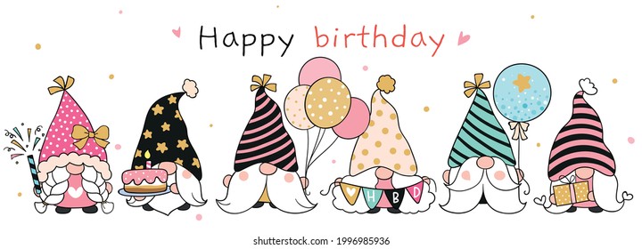 Draw vector illustration character design happy birthday gnome Doodle cartoon style