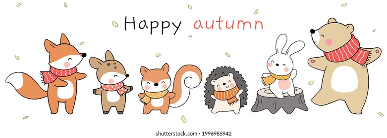 Draw vector illustration character design happy woodland animal in autumn Doodle cartoon style