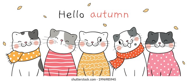 Draw vector illustration character design cute cat in autumn Happy fall Doodle cartoon style