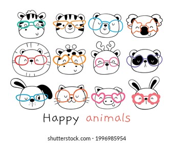 Draw vector illustration character design collection happy forest animals with glasses Doodle cartoon style