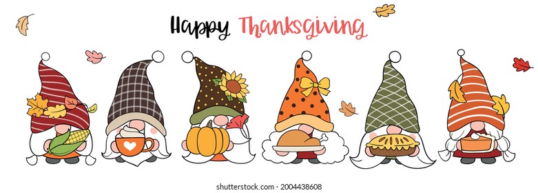 Draw vector illustration character design gnome with happy thanksgiving in autumn Doodle cartoon style