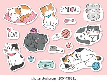 Draw vector illustration character design collection stickers funny cats Doodle cartoon style