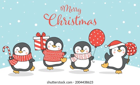 Zeichnen Vektorgrafik-Charakter Design süße Pinguin im Schnee Für Winter und Weihnachten Doodle Cartoon Stil