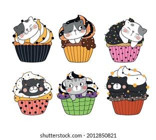 Draw vector illustration character design collection cute cat in cupcake for halloween Doodle cartoon style