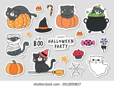 Draw vector illustration character design collection stickers cute cat for halloween Doodle cartoon style