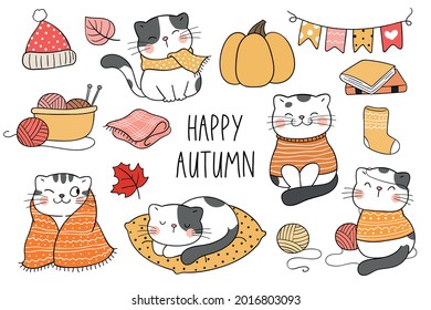 Draw vector illustration character design collection happy cat in autumn Doodle cartoon style