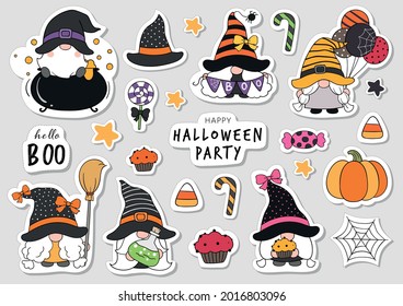 Dibujar ilustración vectorial caracteres de diseño pegatinas de colección gnome para el estilo de caricatura Doodle de halloween