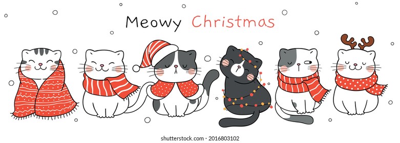 Draw vector illustration character design cute cat for christmas and new year Doodle cartoon style