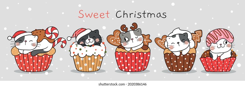 Draw vector illustration character design cute cat sweet christmas cupcake Doodle cartoon style