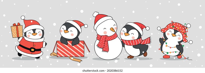 Draw vector illustration character design cute penguin and snowman in winter for christmas Doodle cartoon style