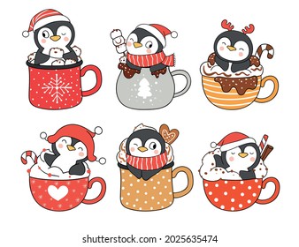 Draw vector illustration character design collection penguin in christmas drink for new year Doodle cartoon style