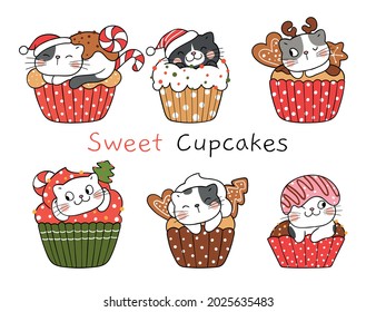 Draw Vector Illustration Character Design Collection Funny Cat On Christmas Cupcake For New Year Doodle Cartoon Style