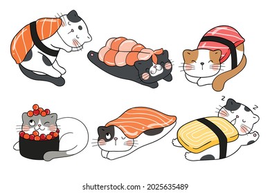 Draw vector illustration character design collection kawaii sushi cats  Doodle cartoon style