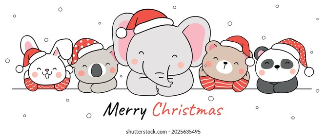 Draw vector illustration character design funny animals for christmas and winter Doodle cartoon style