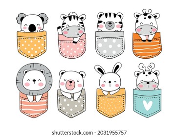 Draw vector illustration character design collection cute animal in pocket Doodle cartoon style