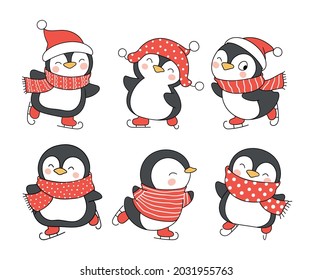 Draw vector illustration character design collection cute funny penguin for christmas Doodle cartoon style