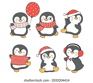 Draw vector illustration character design collection cute penguin for christmas and winter Doodle cartoon style