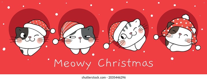 Draw vector illustration character design banner happy cats on red for winter and christmas Doodle cartoon style