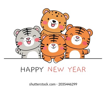 Draw vector illustration character design the year of tiger for christmas and new year Doodle cartoon style
