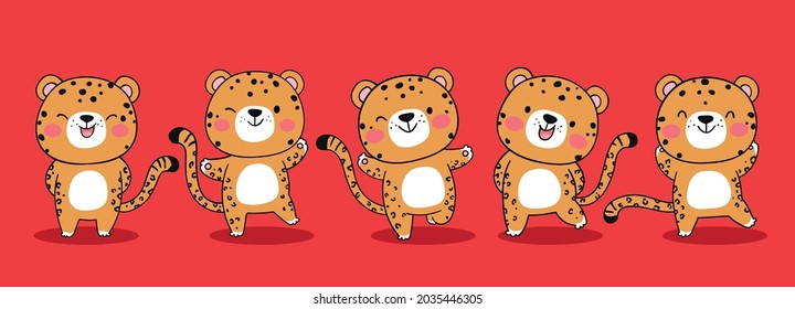 Draw vector illustration character design banner funny jaguar tiger on red for christmas and new year Doodle cartoon style