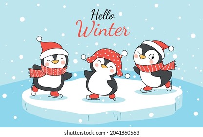 Draw vector illustration character design banner funny penguin in snow for winter and christmas Doodle cartoon style