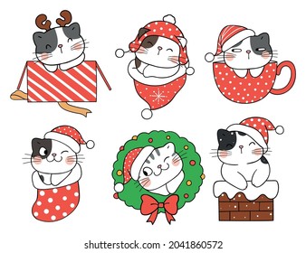 Draw vector illustration character design collection cute cats for christmas and new year