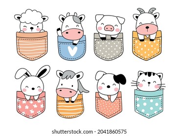 Draw vector illustration character design collection cute animal farm in pocket Doodle cartoon style svg