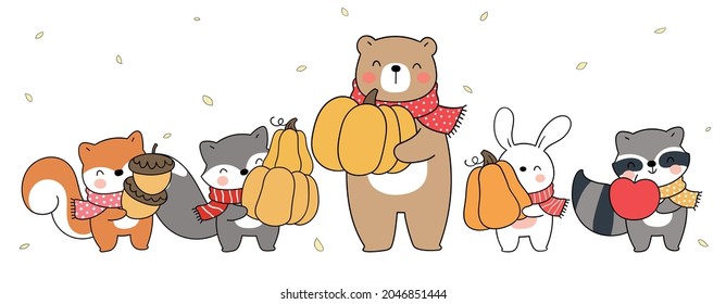 Draw vector illustration character design banner woodland animal for autumn Doodle cartoon style