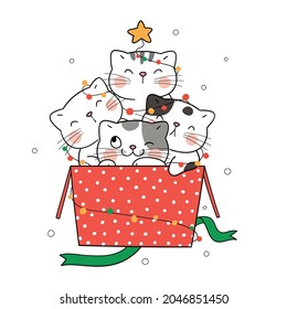 Draw vector illustration character design cute cats in gift box for christmas and new year Doodle cartoon style