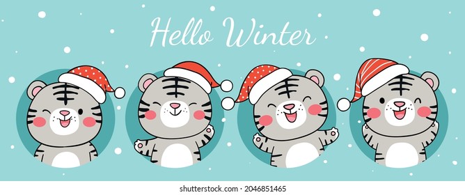 Draw vector illustration character design banner happy white tiger in snow for winter and christmas Doodle cartoon style