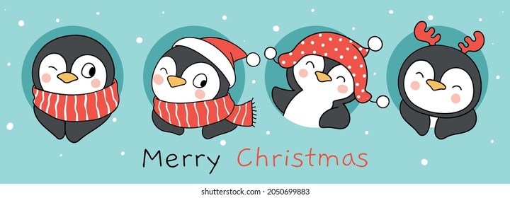 Draw vector illustration character design banner funny penguin with snow for new year and christmas Doodle cartoon style