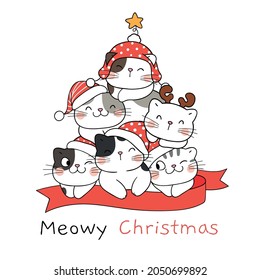 Draw vector illustration character design funny cats with christmas tree for winter and new year Doodle cartoon style