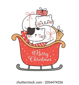 Draw vector illustration character design funny cats with santa sleigh for winter and new year Doodle cartoon style