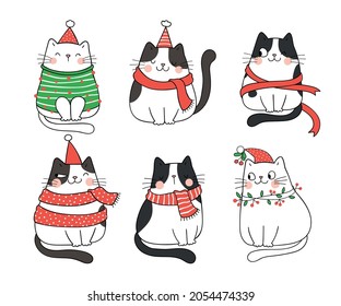 Draw vector illustration character design collection funny cats for winter and new year Doodle cartoon style