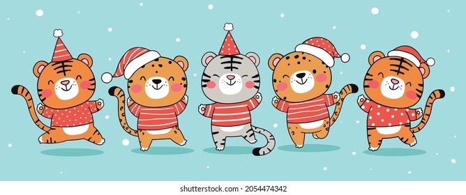 Draw vector illustration character design banner funny tiger with santa hat and red sweater for christmas and new year Doodle cartoon style