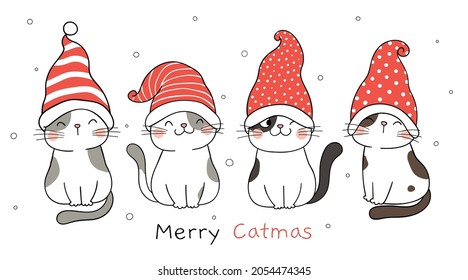 Draw vector illustration character design banner funny cats with gnome hat for new year and christmas Doodle cartoon style