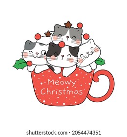 Draw vector illustration character design funny cats in hot chocolate cup for winter and new year Doodle cartoon style