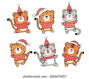 Draw vector illustration character design collection tiger with santa hat for christmas and new year
