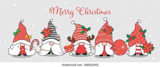 Draw vector illustration character design banner cute gnome in snow for winter and christmas Doodle cartoon style