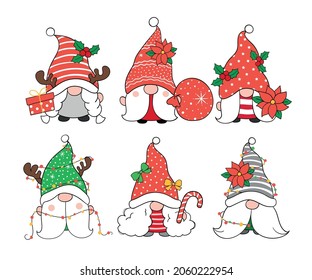 Draw vector illustration character design collection christmas gnome for winter and new year Doodle cartoon style