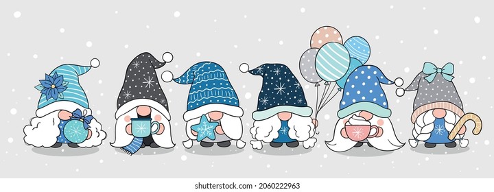 Draw vector illustration character design banner snow gnome for winter and christmas Doodle cartoon style