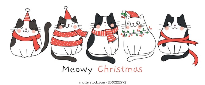 Draw vector illustration character design banner adorable cats on white for new year and christmas Doodle cartoon style