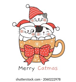 Dibujar ilustración vectorial diseño de personaje gatos graciosos en taza de malvavisco para navidad y estilo de caricatura Doodle de año nuevo