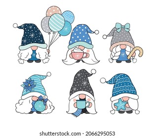 Draw vector illustration character design collection snow gnome for winter and christmas Doodle cartoon style