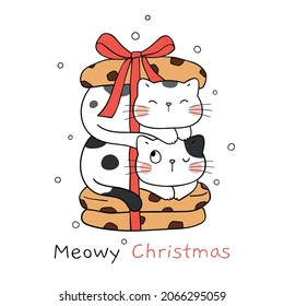 Draw vector illustration character design funny cats with christmas cookies and winter Doodle cartoon style