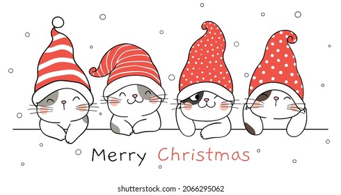 Draw vector illustration character design banner funny cats with gnome hat for winter and christmas Doodle cartoon style