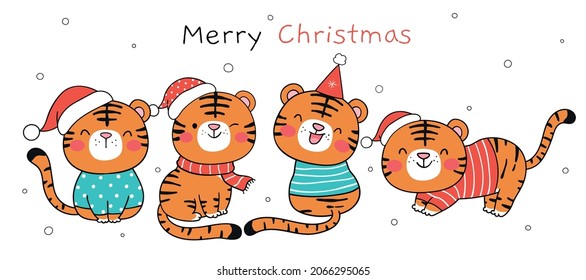 Draw vector illustration character design banner funny tiger with santa hat for winter and christmas Doodle cartoon style