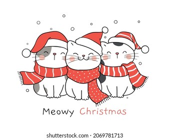 Draw vector illustration character design funny cats with scarf for christmas and winter Doodle cartoon style